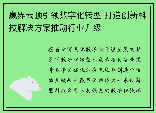赢界云顶引领数字化转型 打造创新科技解决方案推动行业升级